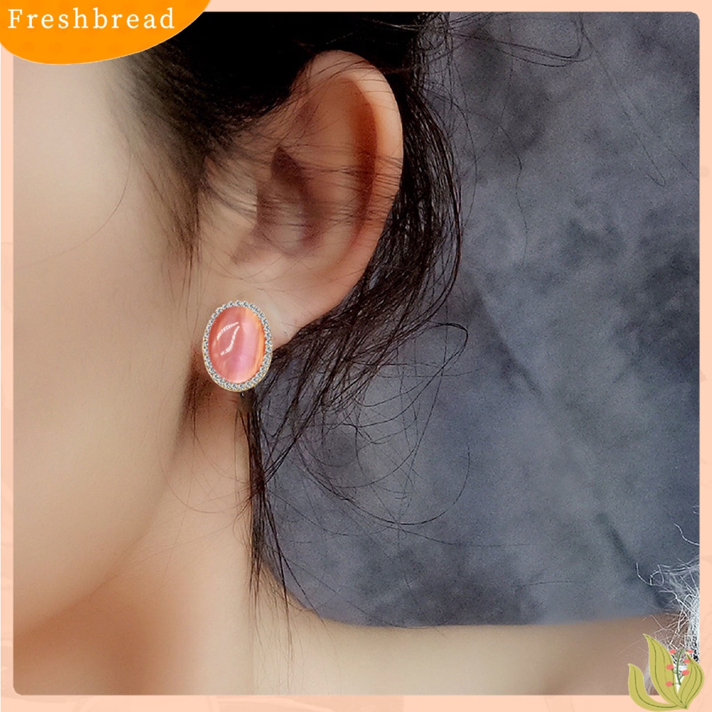 < Freshbread > Wanita Klip Telinga Berlian Imitasi Mengkilap Imitasi Opal Non Piercing Clip On Stud Earrings Perhiasan Untuk Pesta