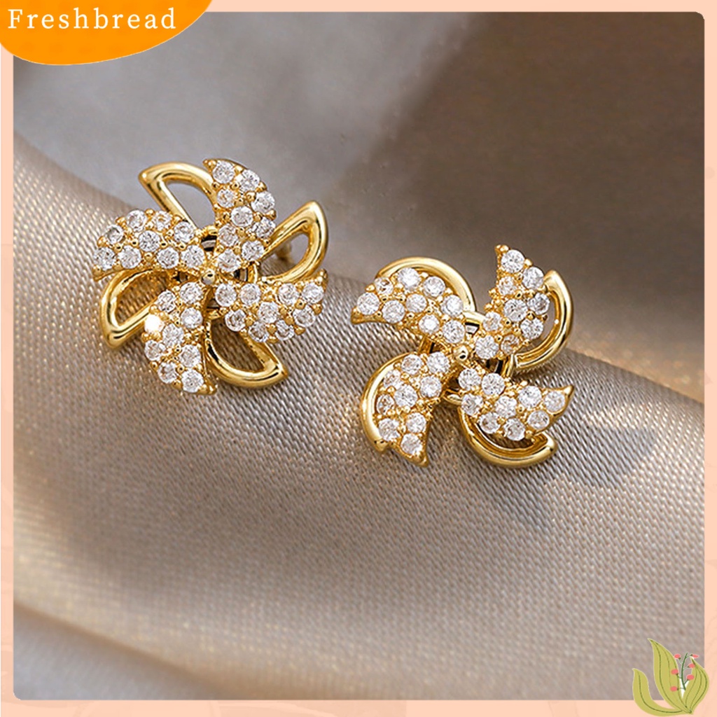 &lt; Freshbread &gt; Ear Studs Rotating Windmill Shape Rhinestone Gaya Korea Shiny All Match Stud Earrings Aksesoris Perhiasan