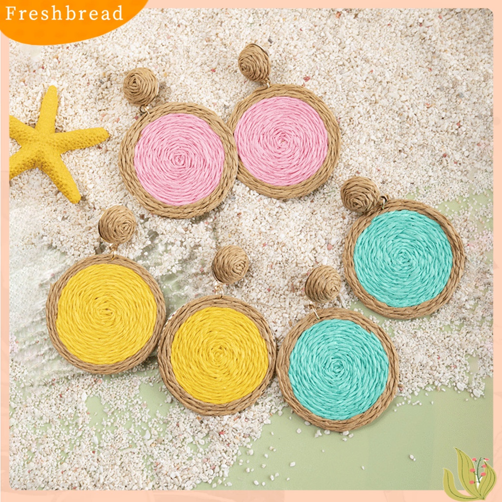 &lt; Freshbread &gt; 1pasang Anting Menjuntai Anyaman Rotan Warna Cerah Bulat Wanita Drop Earrings Aksesoris Perhiasan Untuk Liburan