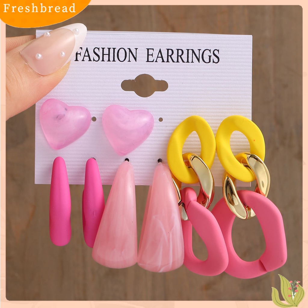 &lt; Freshbread &gt; 4/6pasang Anting Pejantan Geometris Tahan Luntur Permukaan Halus Manis Akrilik Jantung Kreatif Permen Warna Menjuntai Anting-Anting Perhiasan Aksesoris