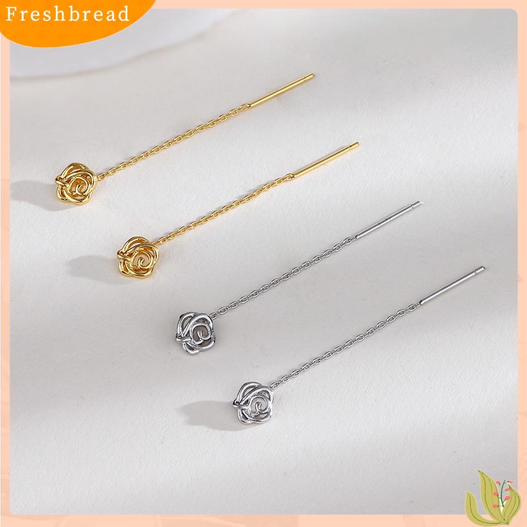 &lt; Freshbread &gt; 1pasang Wanita Drop Earrings Bersinar Berongga-out Bunga Mawar Garis Rantai Gaya Elegan Dekorasi Telinga Warna Emas/Perak Anting Liontin Panjang