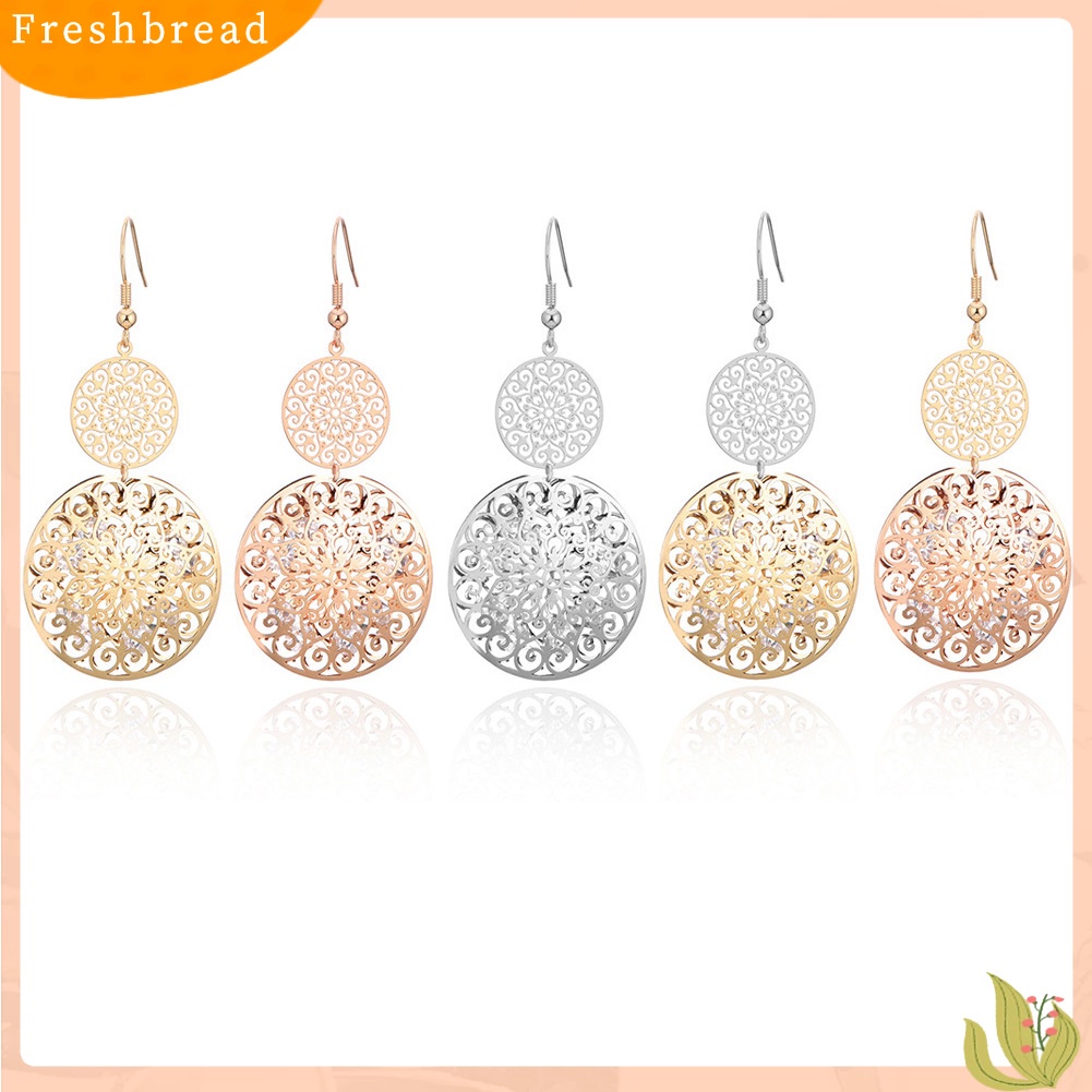 &lt; Freshbread &gt; Fashion Wanita Lapisan Ganda Diukir Kerawang Drop Menjuntai Liontin Anting Perhiasan