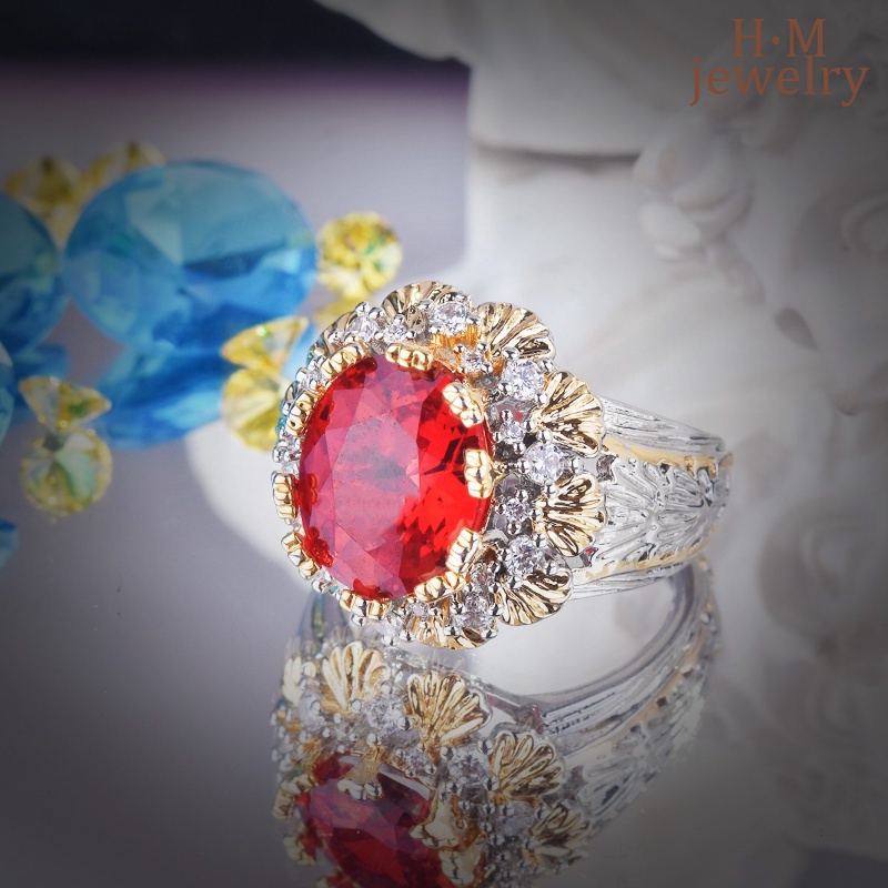 S925 Perak Vintage Brushed Bertekstur Ukir Emas Ruby Cincin Gaya Antik Two-Tone Gold Crowns Ornament