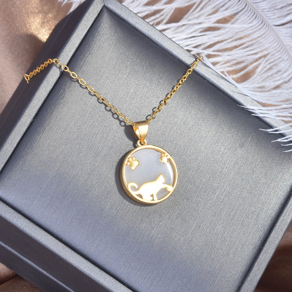 Goldkingdom Fashion Perhiasan Aksesoris Ready Stock Kucing Lucu Kalung Liontin Alami Hetian Giok Gelang Niche Desain Rasa Cakar Kucing Kalung Set Wanita