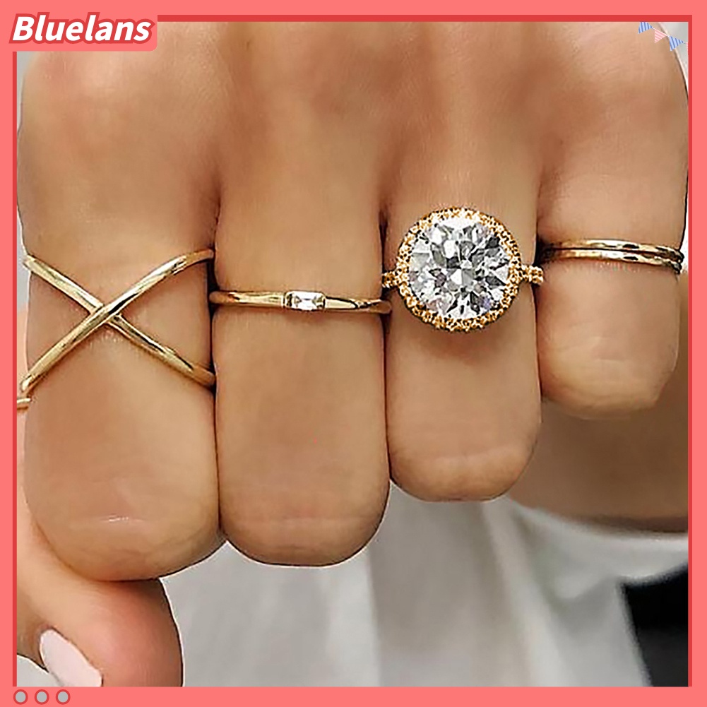 {In Stock} 5Pcs/Set Fashion Wanita Salib Bulat Cubic Zirconia Jari Cincin Perhiasan Pesta