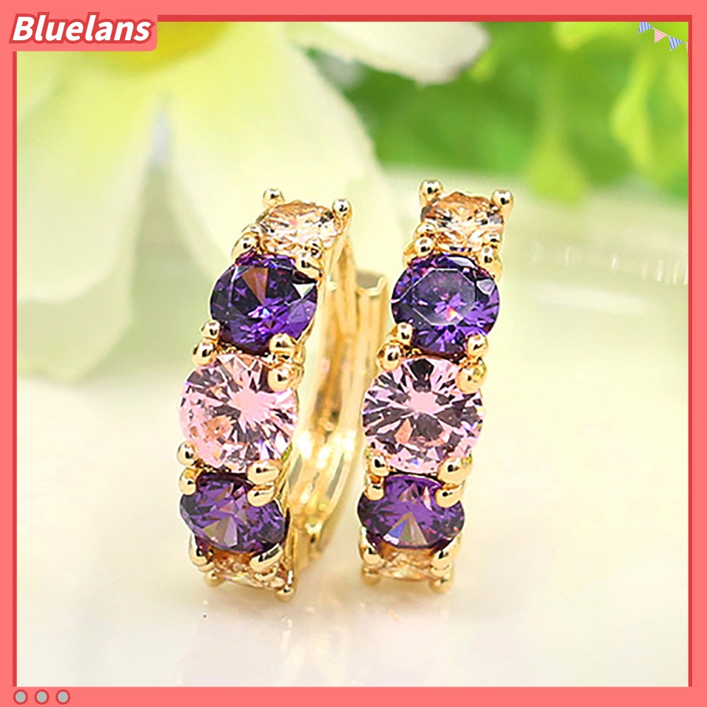 {In Stock} Wanita Fashion Berlapis Emas 9K Ungu Zirkon Eardrop Huggie Anting Perhiasan Hadiah