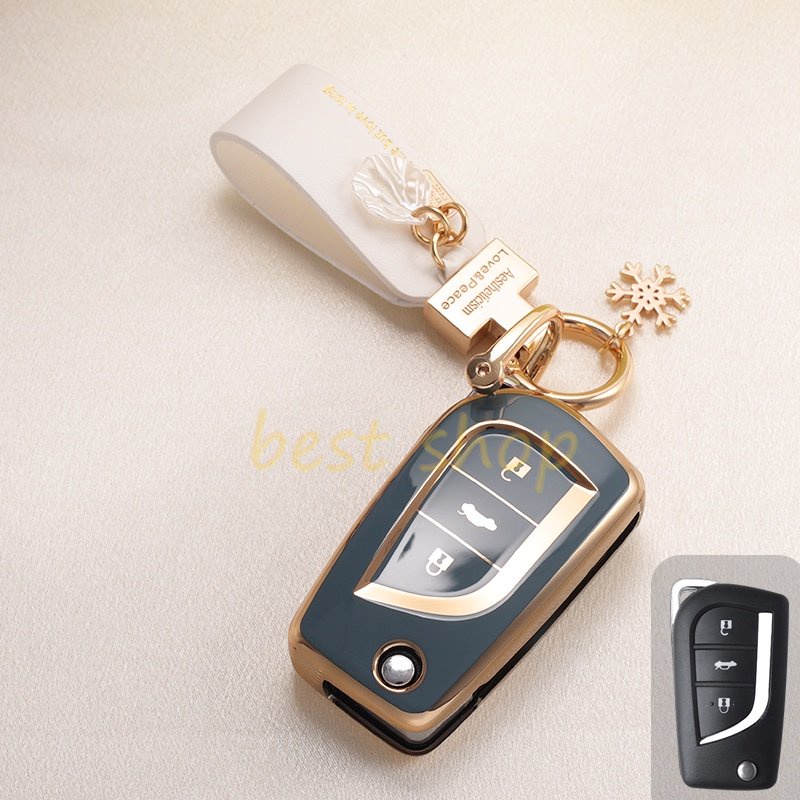 Tpu Desain Tepi Emas Toyota Fortuner Innova Key Cover Remote Mobil Fob Key Case Holder Shell Gantungan Kunci Untuk Toyota Yaris Hilux Vellfire Altis Auris Innova