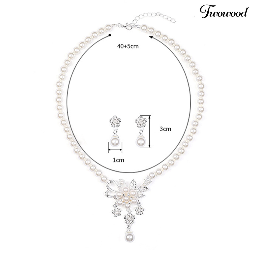 Twowood 1set Wanita Kalung Manik-Manik Glossy Mutiara Imitasi Berlian Imitasi Tertanam Bunga Pengantin Kalung Stud Earrings Kit Pernikahan Perhiasan