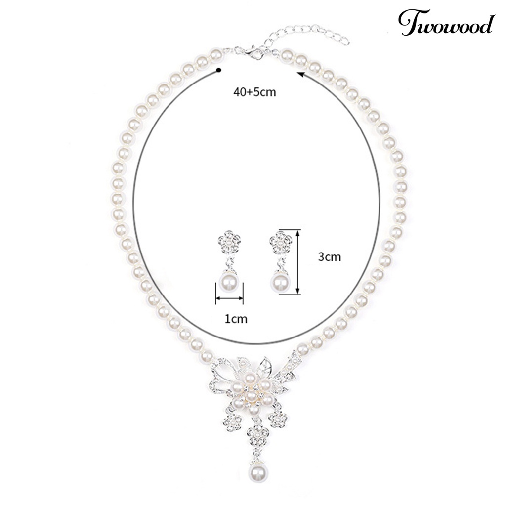 Twowood 1set Wanita Kalung Manik-Manik Glossy Mutiara Imitasi Berlian Imitasi Tertanam Bunga Pengantin Kalung Stud Earrings Kit Pernikahan Perhiasan