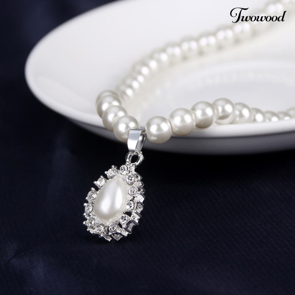 Twowood Royal Style Princess Mutiara Imitasi Teardrop Liontin Elegan Kalung Anting