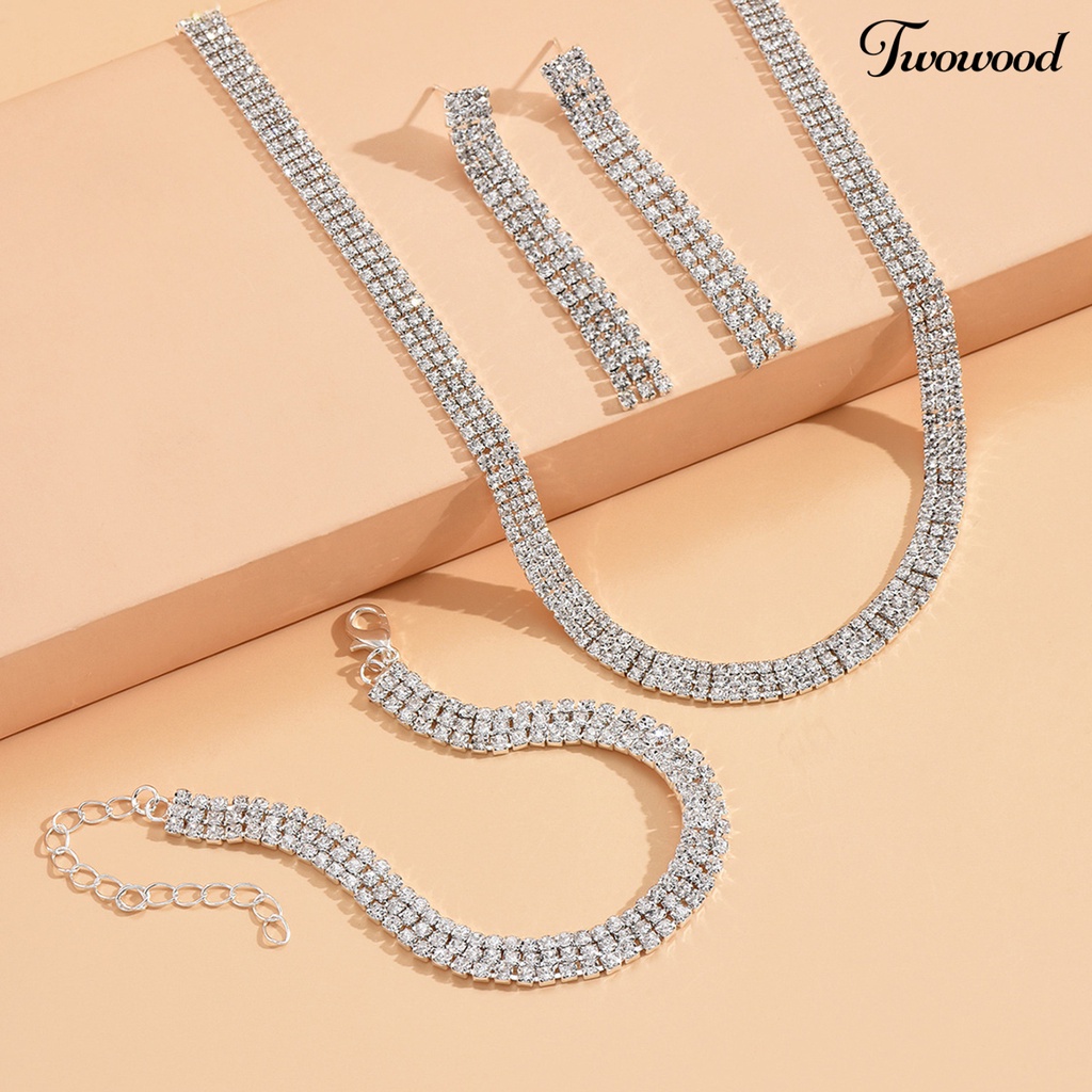 Twowood 1set Wanita Kalung Elegan Cantik Mewah Adjustable Berkilau Berlian Imitasi Menjuntai Anting Gelang Kit Fashion Perhiasan