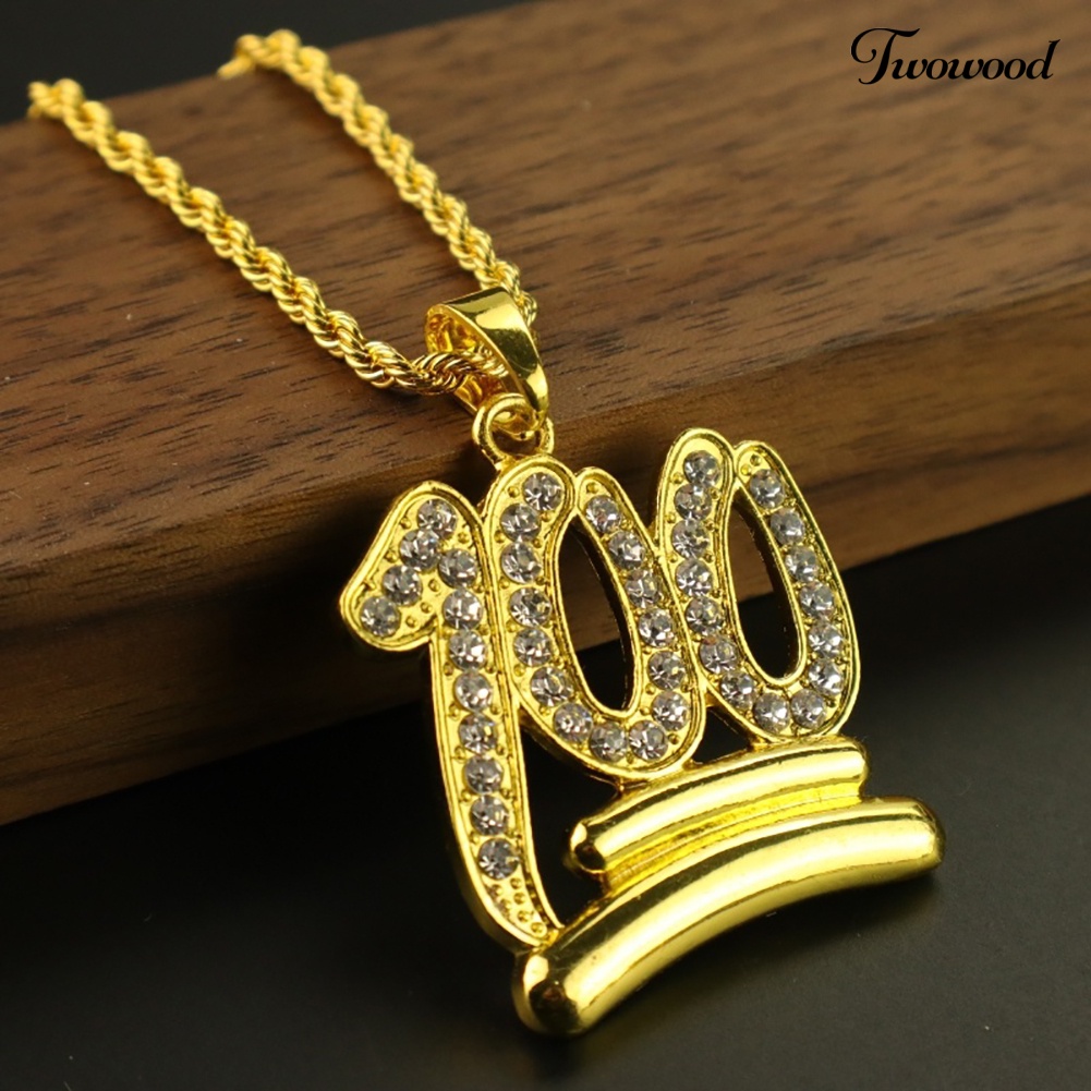 Twowood Pria Hip Hop Twist Rantai Berlian Imitasi Nomor100 Liontin Kalung Street Jewelry