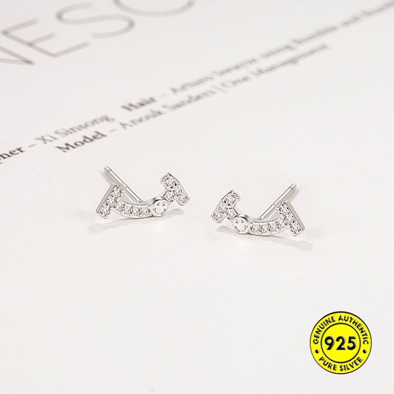 Anting S925 Silver Needle Smile Simple Dan Compact Berlian Imitasi Melengkung Untuk Wanita U1218