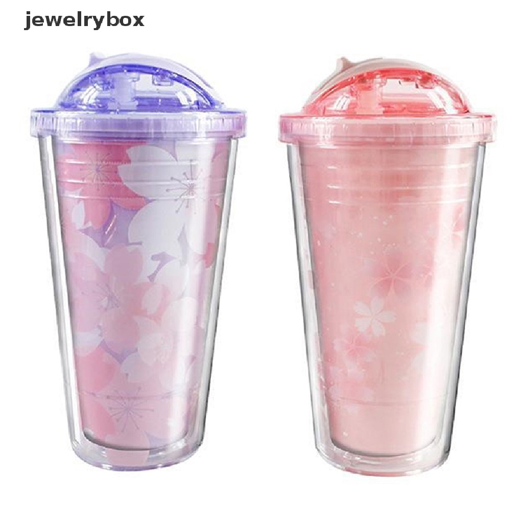 [jewelrybox] Gelas Plastik Sakura 480ml Dengan Sedotan Dan Tutup BPA Free Double Wall Dewasa Botol Air Minum Tea Cup Kawai Rumah Kantor Hadiah Butik