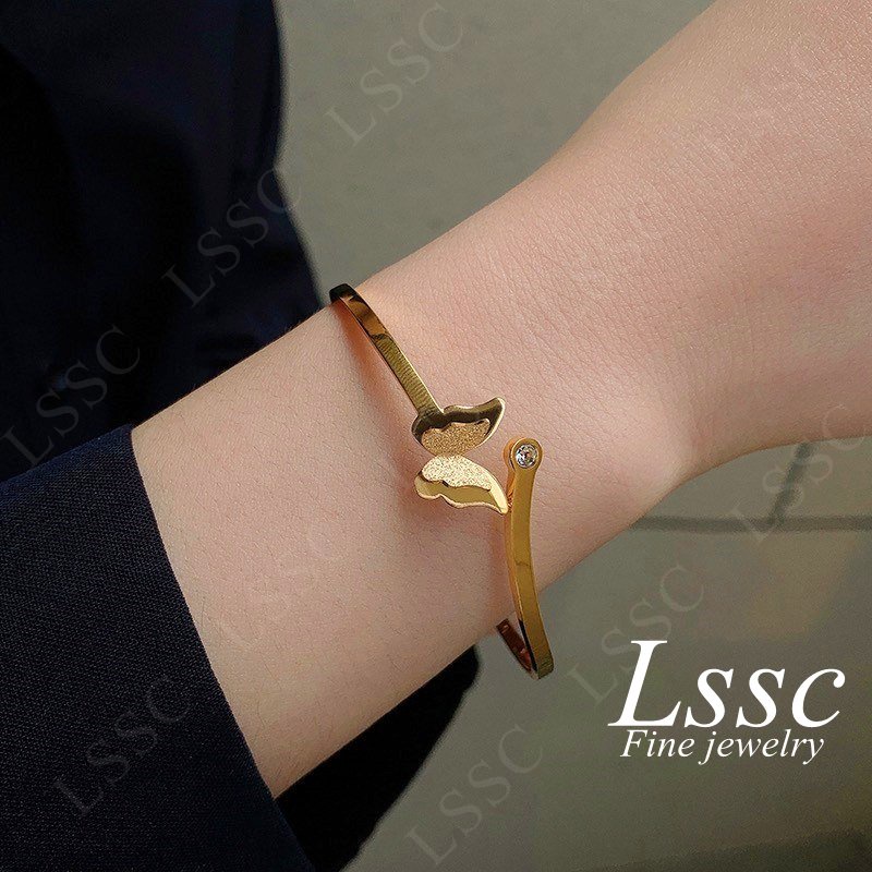 Gelang Titanium Wanita Anti Karat Kupu Kupu Cantik Emas 18K Dewasa Bangle Aksesoris Perhiasan Fashion Korea