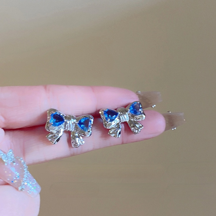 Dreamy Mercury Hati Biru Zirkon S925 Perak Disepuh Stud Earrings Ins Bow Knot Ear Studs