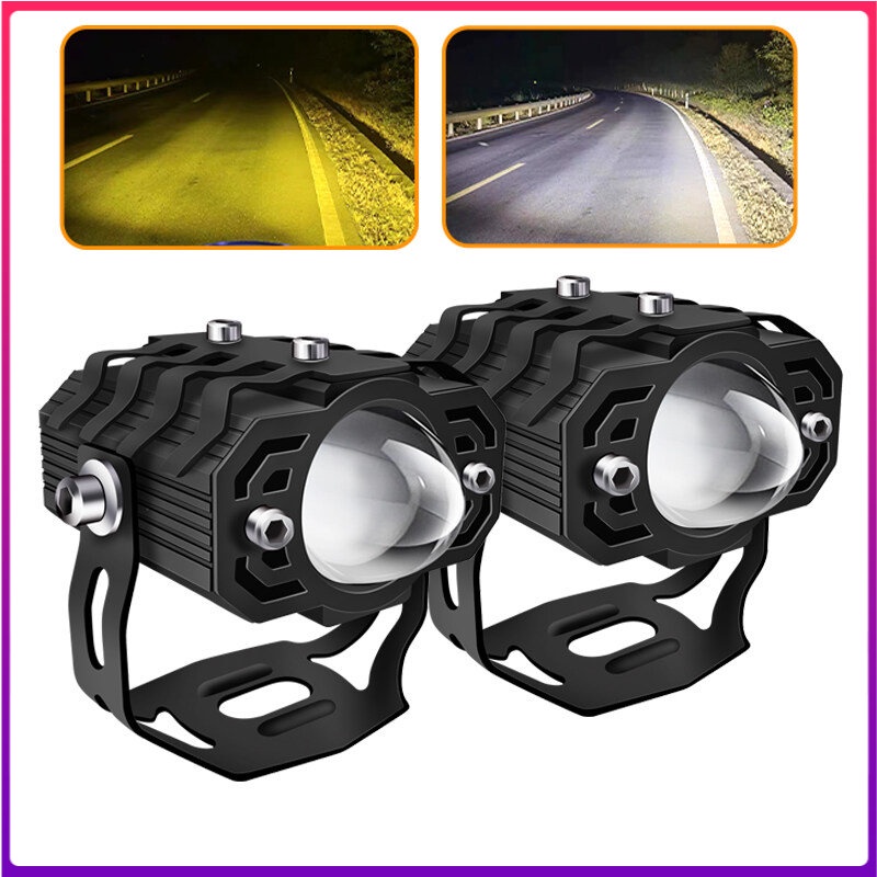 2pcs LED Mini Driving light Universal Motor &amp; Mobil Headlamp (Kuning Putih) Pencahayaan