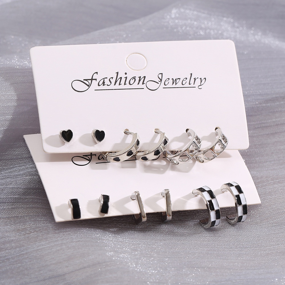 6pasang/set Anting Set Bentuk Kotak Hati Hitam Dan Putih Anting Hoop Silver Untuk Aksesoris Perhiasan Wanita