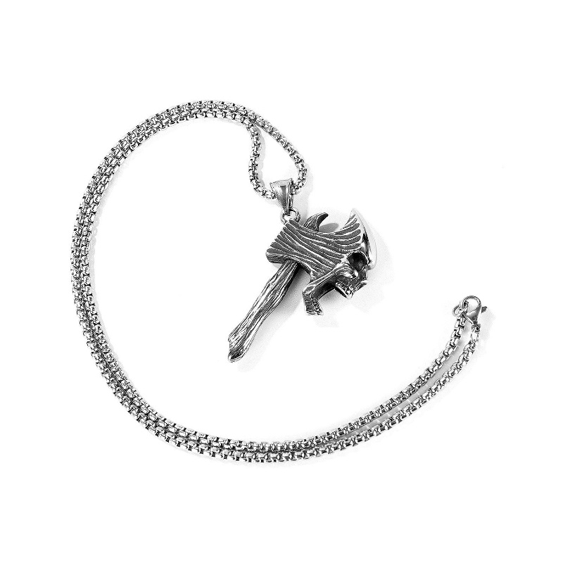 [X C Kalung] Baru Silvery Retro Ghost Axe Skeleton Battle Axe Titanium Steel Liontin Punk Hip Hop Stainless Steel Kalung Hadiah Pesta Ulang Tahun Untuk Pria Dan Wanita