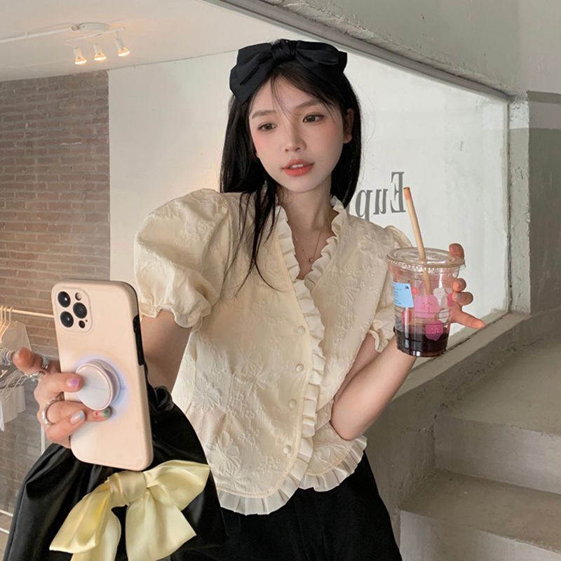Red Kayu telinga sisi v-neck puff lengan kemeja wanita musim panas rasa desain ceruk Perancis chic slim pendek manis fan top