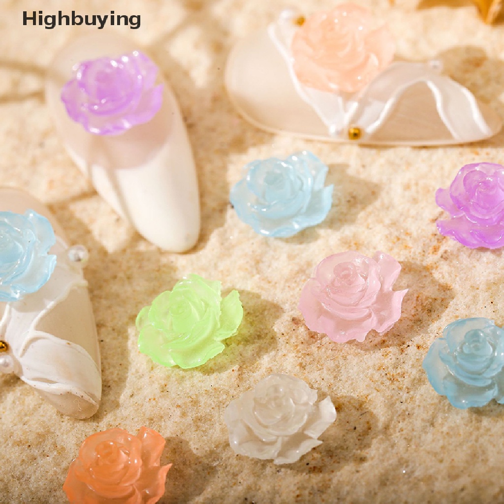 Hbid 50PCS 10MM Glow in The Dark Rose Nail Charm Flwoer Camellia Luminous Nails Art Dekorasi Aksesoris Manicure Perlengkapan Desainer Glory