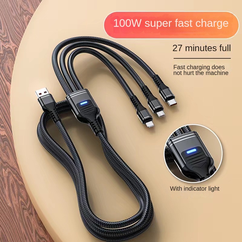 6a 100W 3in1 Super Fast Charging Braided Ekstensi Kabel Data Pengisian Cepat Untuk iPhone Android