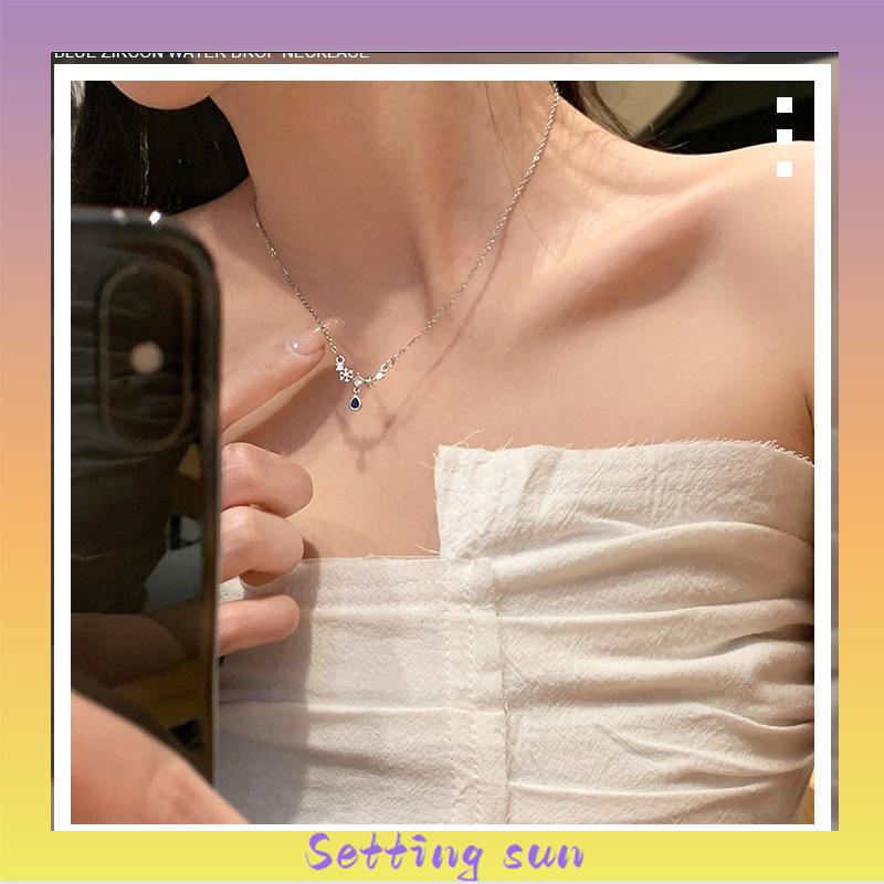 Kalung Tetesan Air Zirkon Biru Wanita Cahaya Mewah Manis Sejuk Temperamen TN