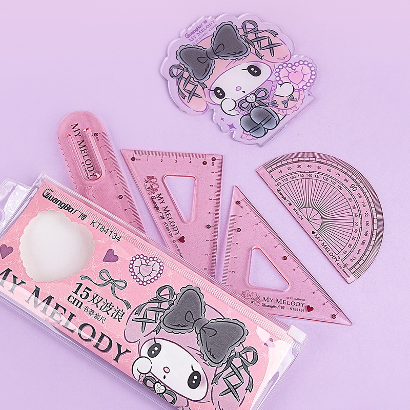 (5 IN 1) SET PENGGARIS ORI SANRIO PREMIUM PACK / RULER SET SANRIO / PENGGARIS ANAK SEKOLAH MOTIF CINNAMOROLL KUROMI MELODY