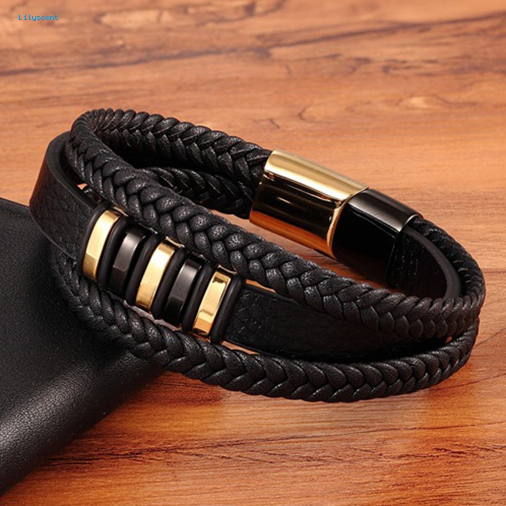 Lilyscent Nyaman Dipakai Pesona Gelang Pria Perhiasan Pria Hitam Kulit Imitasi Dikepang Gelang Tenun Tangan