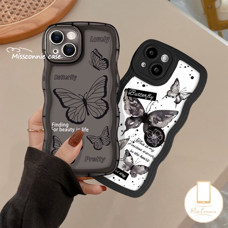 Casing Wavy Edge Case Realme C33 C35 C53 C21Y C25 C25Y C12 C20A C11 C30 C15 C20 C25s Realme 8Pro 9i 10 7 9 Pro+5 7i 6i 8 5s 8i 5i C3 C17 Vintage Black Fantasy Flower Butterfly Soft Case