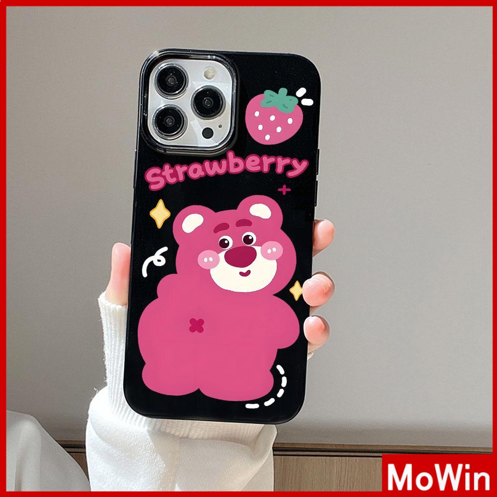 For iPhone 14 Pro Max iPhone Case Black Glossy TPU Soft Case Shockproof Protection Camera Strawberry and Bear Compatible with iPhone 13 Pro max 12 Pro Max 11 xr xs max 7Plus 8Plus