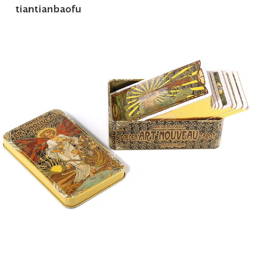 [tiantianbaofu] Tin Box Golden Art Tarot Card Ramuan Ramalan Deck Party Board Game w/Butik Manual