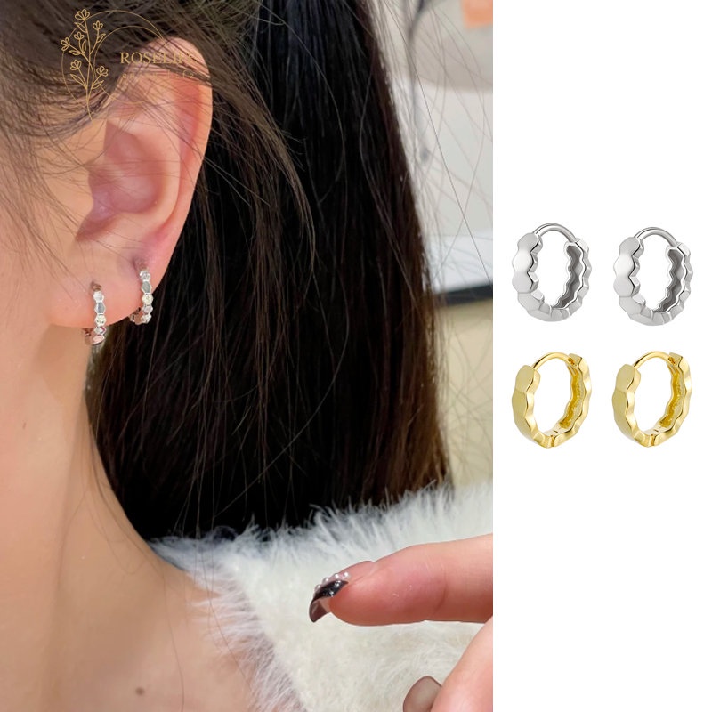 Roselife Minimalis S925 Perak Shiny Lingkaran Hoop Earrings Untuk Wanita Gadis Elegan Geometris Sederhana Anting Bulat Fashion Telinga Perhiasan Aksesoris