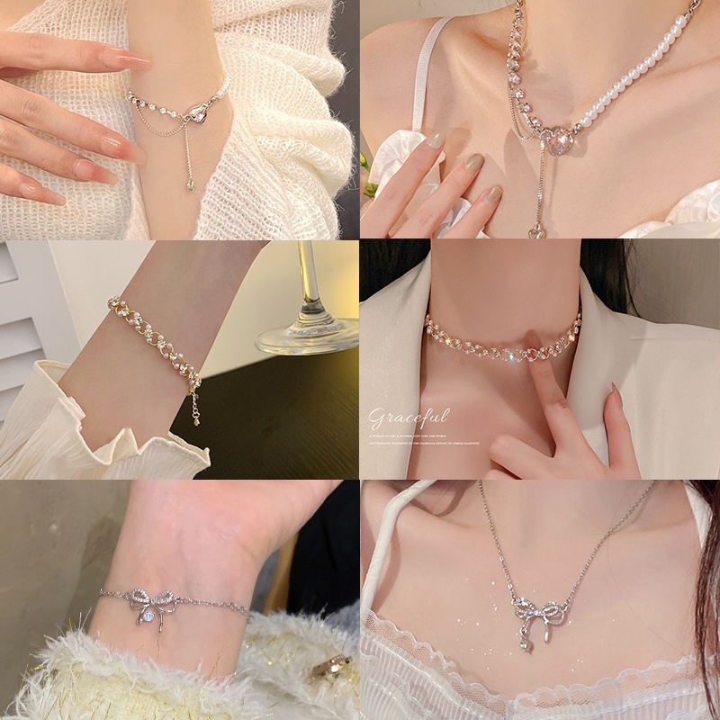 Korea Tulip Camellia Hati Liontin Kalung Gelang Set Busur Kristal Mutiara Choker Gelang Untuk Wanita Perhiasan Aksesoris