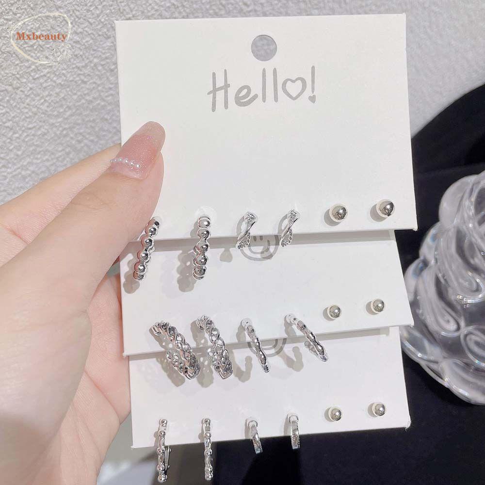 Mxbeauty Anting Hoop Logam Wanita Kreatif Memutar Geometri Perak Perancis Berbentuk C Anting-Anting Perempuan Anting-Anting Set