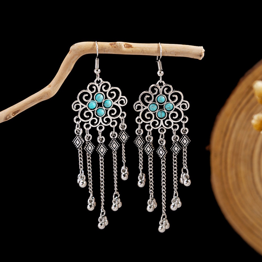 Vintage Boho Gypsy Batu Biru Geometris Panjang Bunga Drop Menjuntai Anting Untuk Wanita Etnik Tribal Perhiasan Ear Hook