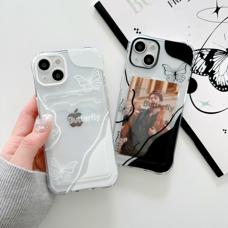 【Card Case】Black White Butterfly Girl Woman Clear Soft TPU Case HP iP iPhone 7 8 14 + Plus SE 2020 X XS XR Max 11 12 13 Pro Max FTD Casing Apple