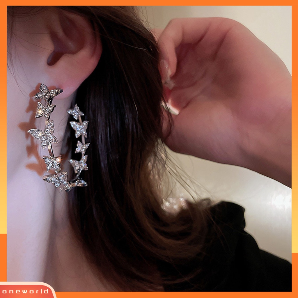[ONE] 1pasang Liontin Anting Bulat Lingkaran Geometris Kupu-Kupu Dekorasi Berlian Imitasi Mengkilap Huggie Hoop Earrings Perhiasan Aksesoris