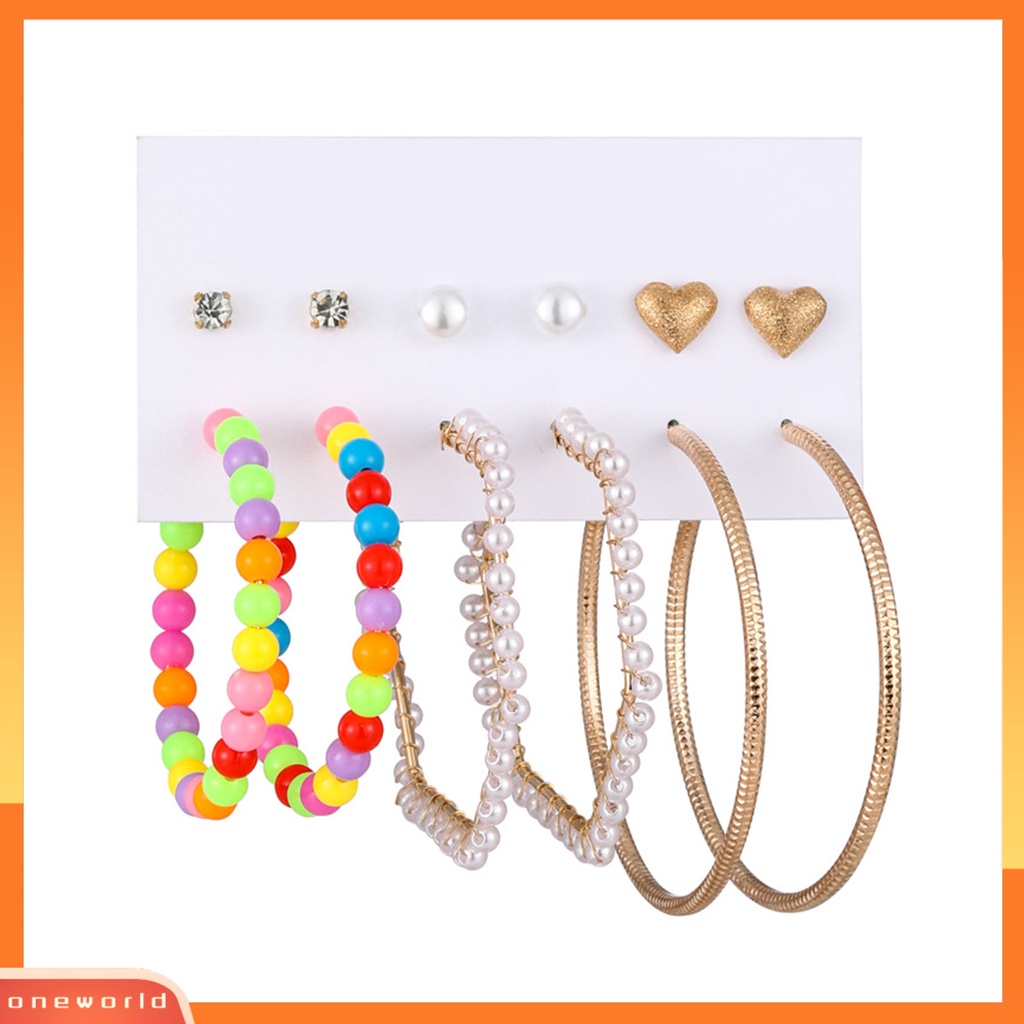 [EONE] 6pasang Wanita Anting Multicolor Mini Beads Rhinestones Bertatahkan Alloy Perhiasan Temperamen Telinga Dekorasi Geometris Hoop Earrings Studs Set Aksesoris Pakaian Pesta