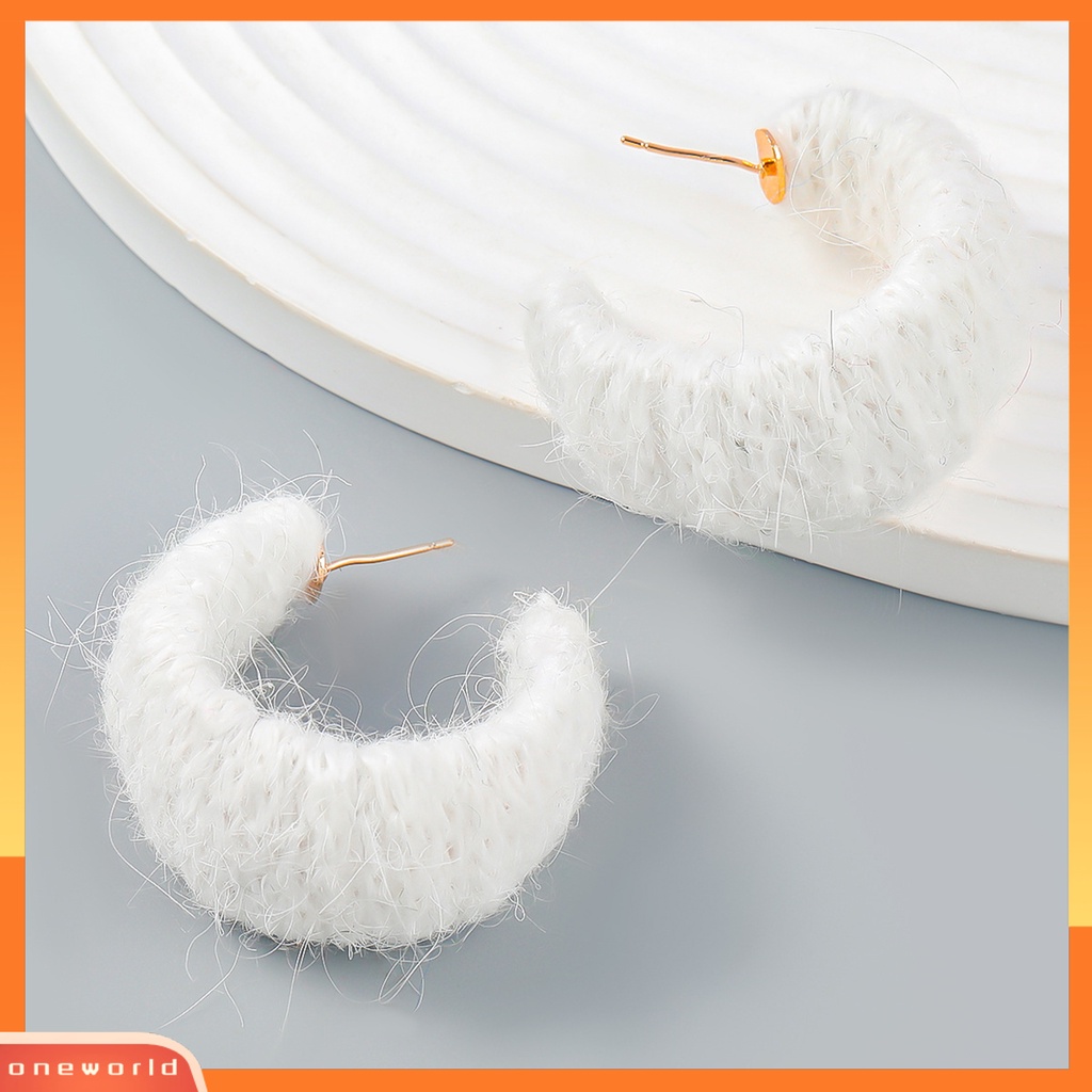 [EONE] 1pasang Anting Pejantan Berbentuk C- Handmade Benang Katun Dikepang Geometris Hadiah Musim Gugur Musim Dingin Warna Solid Setengah Hoop Wanita Anting-Anting Fashion Perhiasan