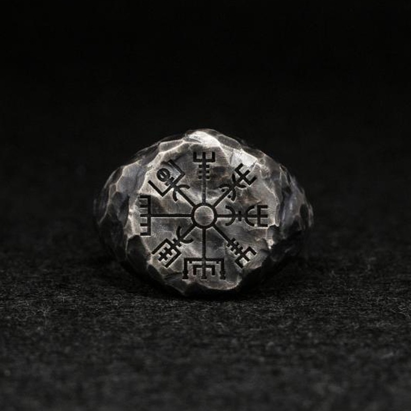 Ukir Kompas Viking Compas Rune Pria Cincin Retro Kreatif Seni Cincin Terbuka Cincin