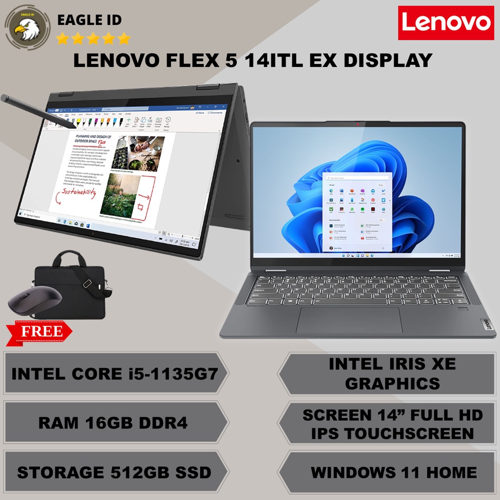 Promo Ex Display Laptop Touchscreen Lenovo Ideapad Flex 5 14ITL Intel Core i5 1135G7 RAM 8GB SSD 512