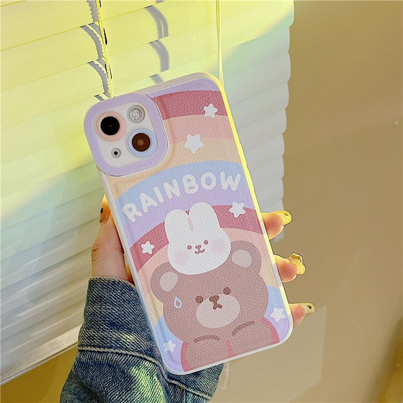 Leather Rainbow Bear Bunny Soft Silicon Case HP iP iPhone 7 8 14 + Plus SE 2020 X XS XR Max 11 12 13 Pro Max FTD Casing Apple