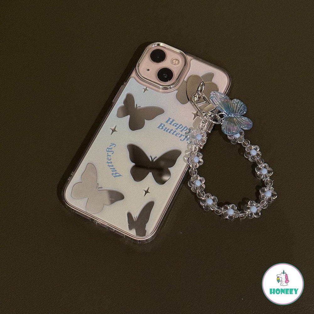 Cermin Rantai Kupu-Kupu Charms Strap Phone Case Untuk iPhone 14 Pro 13 11 12 Pro Max Cases Modis Wanita Lucu Soft Cover