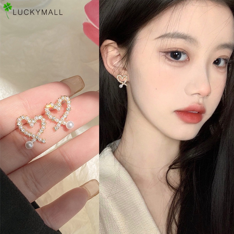 Anting Tusuk Mutiara Zirkon Elegan Untuk Wanita Hypoallergenic Fashion Heart Earring Perhiasan Aksesoris