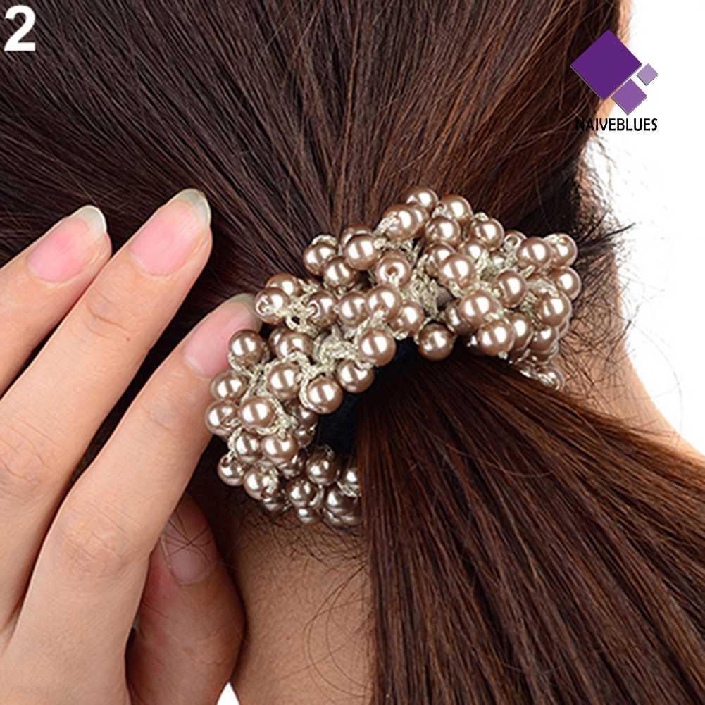&lt; Naiveblues &gt; Fashion Wanita Manik-Manik Mutiara Imitasi Hair Band Scrunchie Ponytail Holder