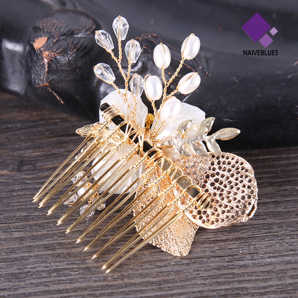 &lt; Naiveblues &gt; Fashion Pernikahan Pengantin Berlian Imitasi Mutiara Imitasi Klip Rambut Daun Berongga