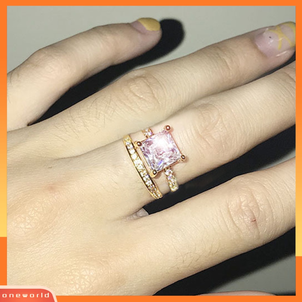 [EONE] 2 Pcs Cubic Zirconia Rings Shiny Square Faux Crystal Alloy Ring Elegan Perhiasan Aksesoris Temperamen Wanita Jari Cincin Set Pertunangan Hadiah Fashion Perhiasan