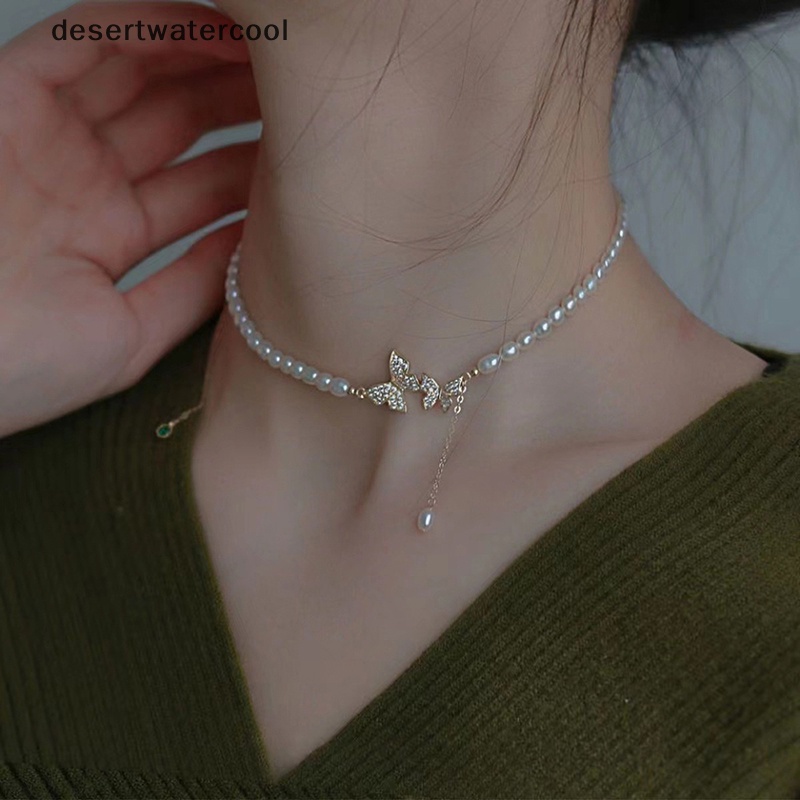 Deid Musim Panas Ganda Berlian Imitasi Kupu-Kupu Kalung Fashion Putih Imitasi Mutiara Choker Kalung Untuk Wanita Gadis Pesta Pernikahan Perhiasan Martijn