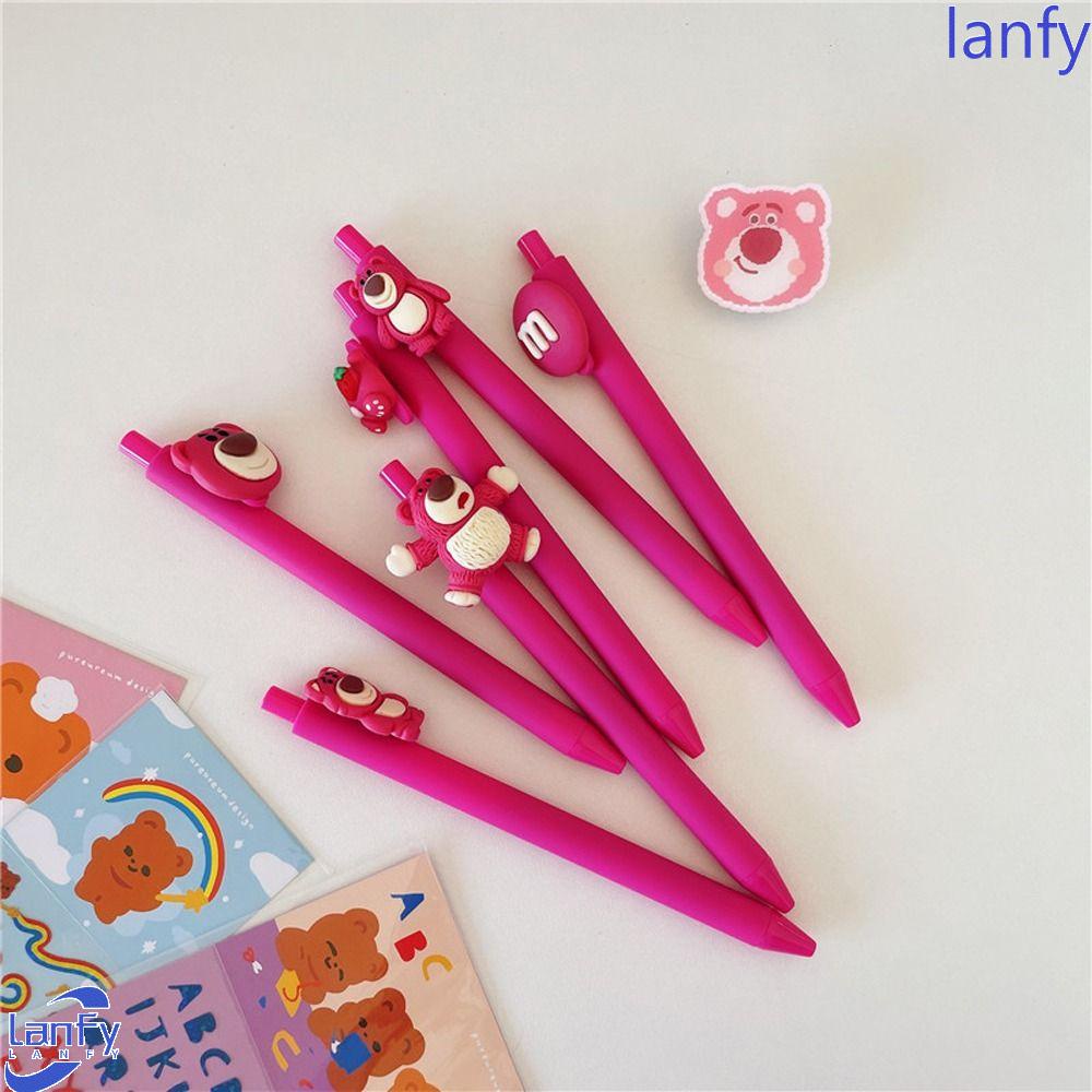 Lanfy Gel Pen Lucu Fashion Kartun Strawberry Bear Alat Tulis Tekan-Jenis Gel Pena Gadis Kantor Tanda Tangan Pena